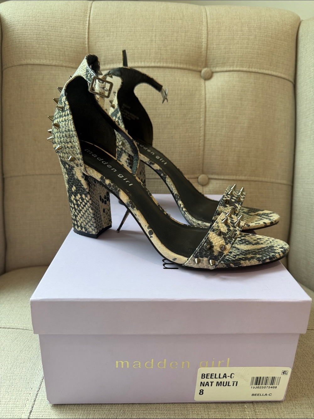 Madden Girl Beella-C Snake Print Spike Sandals in Natural Multi